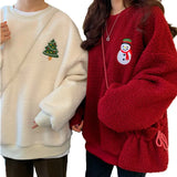 Autumn Winter Casual Oversized Fluffy Hoodie Women Christmas Tree Snowman Embroidery Fleece Pullover Sweatshirt Matching