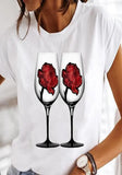 White Casual O-Neck Short Sleeves Print