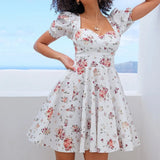 Graduation Party Gift Sexy Square Collar White Printing Mini Dress Woman Puff Sleeve High Waist Party Holiday A-Line Dress New