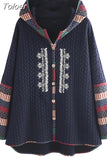 Autumn Winter New Vintage Boho Hooded Single-Breasted Ethnic Style Printed Long-Sleeved Loose Mid-Length Coat