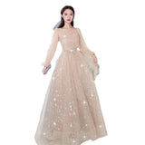 Dress Women 2025 New Champagne Long-Sleeved Banquet Temperament Simple Thin Host Art Exam