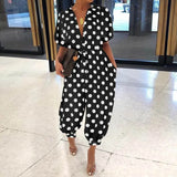 Leopard Print Jumpsuit Retro Summer Short Sleeve Lace-Up Playsuit Overalls Casual Button V-Neck Pocket Romper Bodysuit