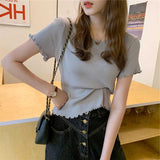 Women Summer Lovely Korean Preppy Style Basic Edible Tree Fungus Sweet Girl Solid Tops Thin Knitted Short Sleeve