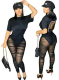 Sexy Black See Through Mesh Backless Short Sleeve Top And Pant 2 Piece