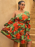 Size Botanical Print One-Shoulder Layered Dress with