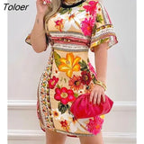 Women Floral Print Half Sleeve Casual Dress Summer Holiday Boho Farmhouse Style Short Sleeve Mini Bodycon Dress