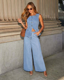 Selling New Solid Color Loose Fashion Long-Sleeved Denim Set Wide-Legged