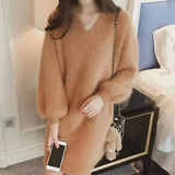 All-match Midi Elegant Solid Color Sweaters 2023 Autumn Winter Korean Loose Long Sleeve V-Neck Jumpers Women's