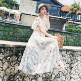 Vintage Floral Chiffon Long Dress Sexy Hollow Off Shoulder Ruffle Boho Dresses 2022 OL Elegant Women Party Dress