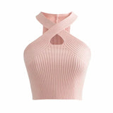 Ladies Sexy Camisole Solid Color Cross Halter Sweater Vest Slim Sleeveless Base T-Shirt Midriff-baring Knitted Tops-Outfit