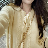 Waxy Sweater Autumn And Winter 2024 New Bow Simple Gentle Long-Sleeved Knitted Cardigan With Fashionable Temperament-Outfit