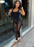 Sexy Sleeveless High Waist Solid Mesh Skinny Two Piece Pants