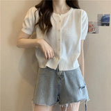 Kong Flavor Retro Round-Neck Short-Sleeved Knitted Shirt Girls Summer Thin Design Slim Short Thin Open Shirt Top