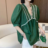 Lady Solid Color V-Neck Loose Chiffon Blouse Women's Clothing Short Sleeve Summer Lace Patchwork Casual All-match Shirt-Outfit