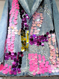 Women's Denim Suit Coat Pink Sequins Crystal Single Breasted Asymmetric Hand-Painted Blazer 2024 Summer New Fashion 29L7127-Outfit