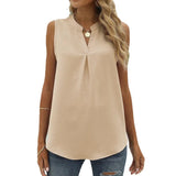 Solid Color Chiffon Leisure Shirt Loose V-neck Pullover Sleeveless Top