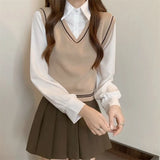 New College Style With Long-Sleeved Shirt Women's Short Splicing Fake Two Knitted Vest Tops Women's