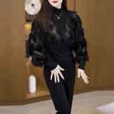 Tassel Korean Blouse Autumn Winter Fake Two Pieces Patchwork Women's Clothing Solid Color Casual Half High Collar