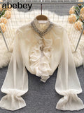 Elegant Shirts Women Design Diamonds Loose Casual Tops Long Sleeve Ruffles Gentle Office Lady Blouses