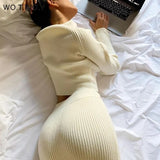 WOTWOY Knitting Cashmere Pullover and Skirt Two Piece Set Women Slim Fit Cropped Tops Women Autumn Elegant Sweater Outfits