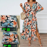 New Floral Print Dress Tight Belt V-Neck Short-Sleeved Dress