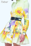 Casual A Line Dress For Women Stand Collar Long Sleevehigh Waist Spliced Belt Hit Color Mini Dresses Female Clothing