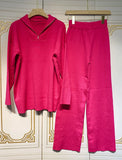 Free Shipping Casual Autumn Loose Knit Sweater Set Fashion Zip Lapel Long Sleeve Pullover Sweater & Straight Pants Two-Piece