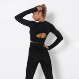 New Women's Fitness T-Shirt Sport Crop Top Long Sleeve Layer Crew Neck Power Stretch Workout Crop Top Sexy Gym
