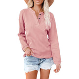 V Neck Solid Top T Shirt Women Button Long Sleeve Vintage Clothes Casual Loose Autumn Spring Tee Pullover