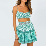 Floral Print 2 Piece Set Women Bohemian Ruffle Sexy Mini Dress Set Summer Straps Pleated Boho Dress Gypsy Beach Dress