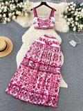 Blue And White Porcelain Printing Set Women's Summer Pure Desire To Bare Belt Slings Small Vest + High Waist Mid-Long
