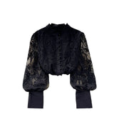 Retro Style Advanced Bubble Sleeve Shirt Autumn Net Embroidery Design Light Extravagant Socialite Temperament Blouse-Outfit