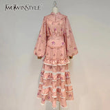 Casual Pink Two Piece Set For Women Stand Collar Lantern Long Sleeve Tops High Waist Midi Skirts Print Sets
