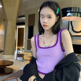 Machine Retro Splicing Plush Top Solid Color Short Slim Knitting Bottom Vest Summer Thin External Wear