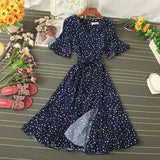 Summer Women Blue/Green/Pink Polka Dot Dress 2020 Vintage High Waist A-line Ladies Vestidos Verano Casual V-neck Dresses