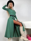 Casual Green Round Neck High Split Knited Long