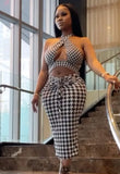 Printed Sexy Halter Sleeveless Houndstooth Midi Club