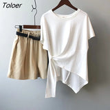 Chic Side Lace Up Asymmetrical T Shirts Women Solid Cotton Tshirts 2021 Summer Korean Style Basic Office Lady Loose