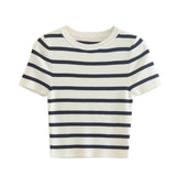New Bicolor Striped Slim Short Version Short-Sleeved Knitted Blouse-Outfit