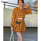Plaid Skirts Set Women Outfits Two Piece Set Blazer Coats Mini Pleated Skirt High Street Y2K Preppy Style Blazer