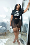 Mesh Shorts Letter Print Slit T-Shirt Two Piece