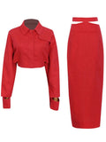 Slim Green Two Piece Set Women Lapel Long Sleeve Tops High Waist Midi Skirts Solid Sets Female Spring Clothing