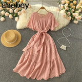 Pink/White/Green French Hollow Ruffles Dress Women O Neck Lace up Solid A-line Dresses Summer Elegant Streetwear Midi