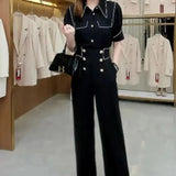 Lady Solid Color Matching Sets Stylish Bright Line Decoration Casual Polo-Neck Single-breasted Summer Elastic Pant