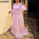 Maxi Long Dress Long Robe Sexy Lace Lantern Sleeve Floor-Length Party Dress 2021 VONDA Beach Holiday