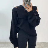 Korean Chic Women Sweater Elegant Hollow Out Off Shoulder Patchwork Loose Knitted Tops Office Lady Fashion Pullover-Outfit