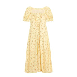 Floral Print Dress Women Elegant Bandage Midi Dresses Female Puff Sleeve Square Collar Korean Fashion Yellow Dress