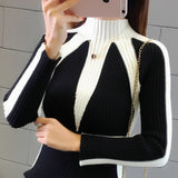 Winter Turtleneck Contrasting Colors Spliced Sweaters Female Fashion Office Lady Warm Knitted Jumpers Women's
