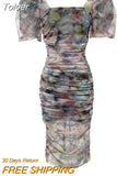 Summer Women's Dresses French Vintage Sexy Mesh Print Puff Sleeve Slim Slit Pleated Robe Knee-Length Dress Party