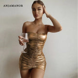 Sexy Metallic Tube Dress Gold Silver Birthday Outfits for Women Clubwear Summer 2021 Ruched Bodycon Mini Dress
